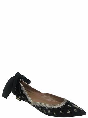 Aquazzura Bliss Black Suede Gold Embroidered Stars Ankle Wrap Ballet Flats 11